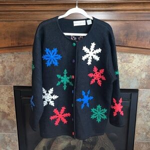 Vintage Marisa Christina black wool sweater colorful snowflakes holiday winter X